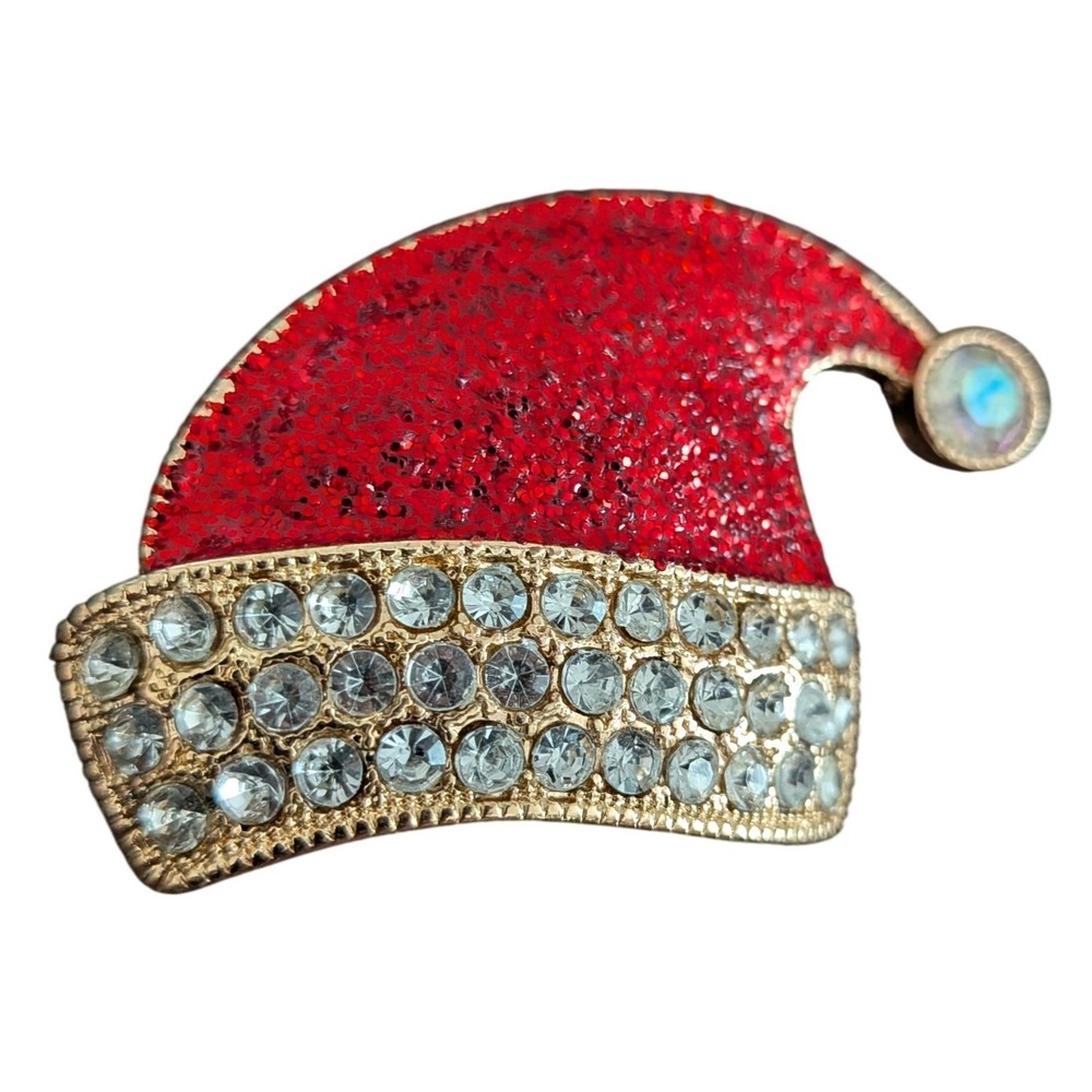 Vintage Gold Tone Red Glitter Rhinestone Santa Hat Holiday Brooch Pin Christmas